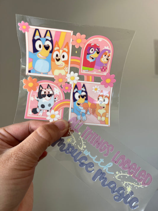 Heeler Sisters Spring Floral UV DTF Disney Blue Dog Inspired Decal | Ready to Apply Libby Sticker Permanent Waterproof